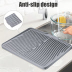 TIKNIK Silicone Dish Drying Mat, Stone Drying Mat for Kitchen Counter with Built-In Drain, Non-Slip Drain Pad with Built-in Drain, Heat Resistant Stone Drying Mat, 20" x 15", Grey
