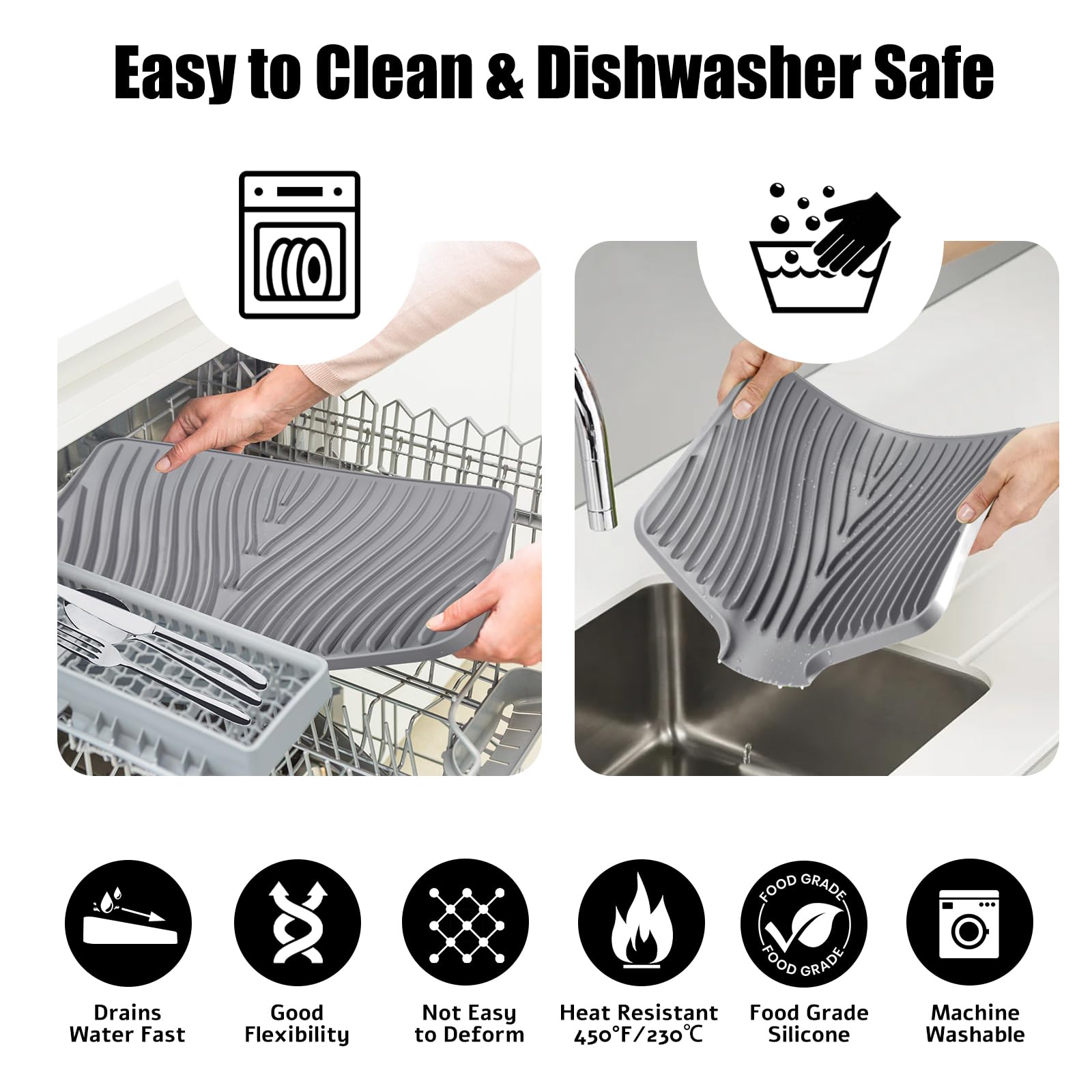 TIKNIK Silicone Dish Drying Mat, Stone Drying Mat for Kitchen Counter with Built-In Drain, Non-Slip Drain Pad with Built-in Drain, Heat Resistant Stone Drying Mat, 20" x 15", Grey