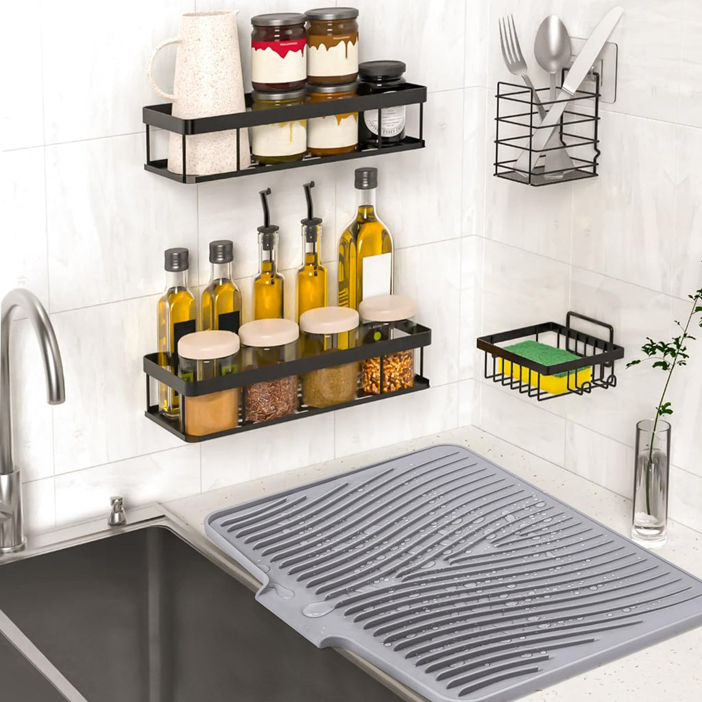 TIKNIK Silicone Dish Drying Mat, Stone Drying Mat for Kitchen Counter with Built-In Drain, Non-Slip Drain Pad with Built-in Drain, Heat Resistant Stone Drying Mat, 20" x 15", Grey