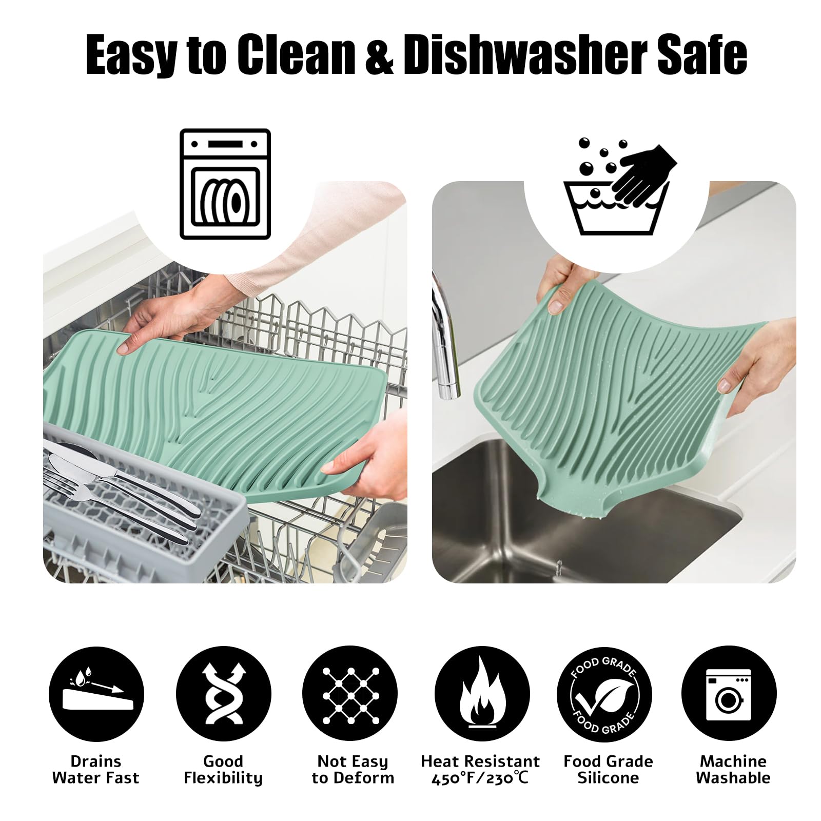 TIKNIK Silicone Dish Drying Mat, Stone Drying Mat for Kitchen Counter with Built-In Drain, Non-Slip Drain Pad with Built-in Drain, Heat Resistant Stone Drying Mat, Hangable, Mint-1pcs, 20" x 15"