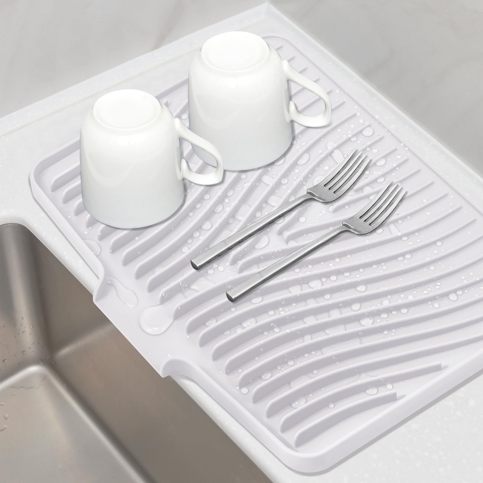 TIKNIK Silicone Dish Drying Mat, Stone Drying Mat for Kitchen Counter with Built-In Drain, Non-Slip Drain Pad with Built-in Drain, Heat Resistant Stone Drying Mat, Hangable, White, 20" x 15"