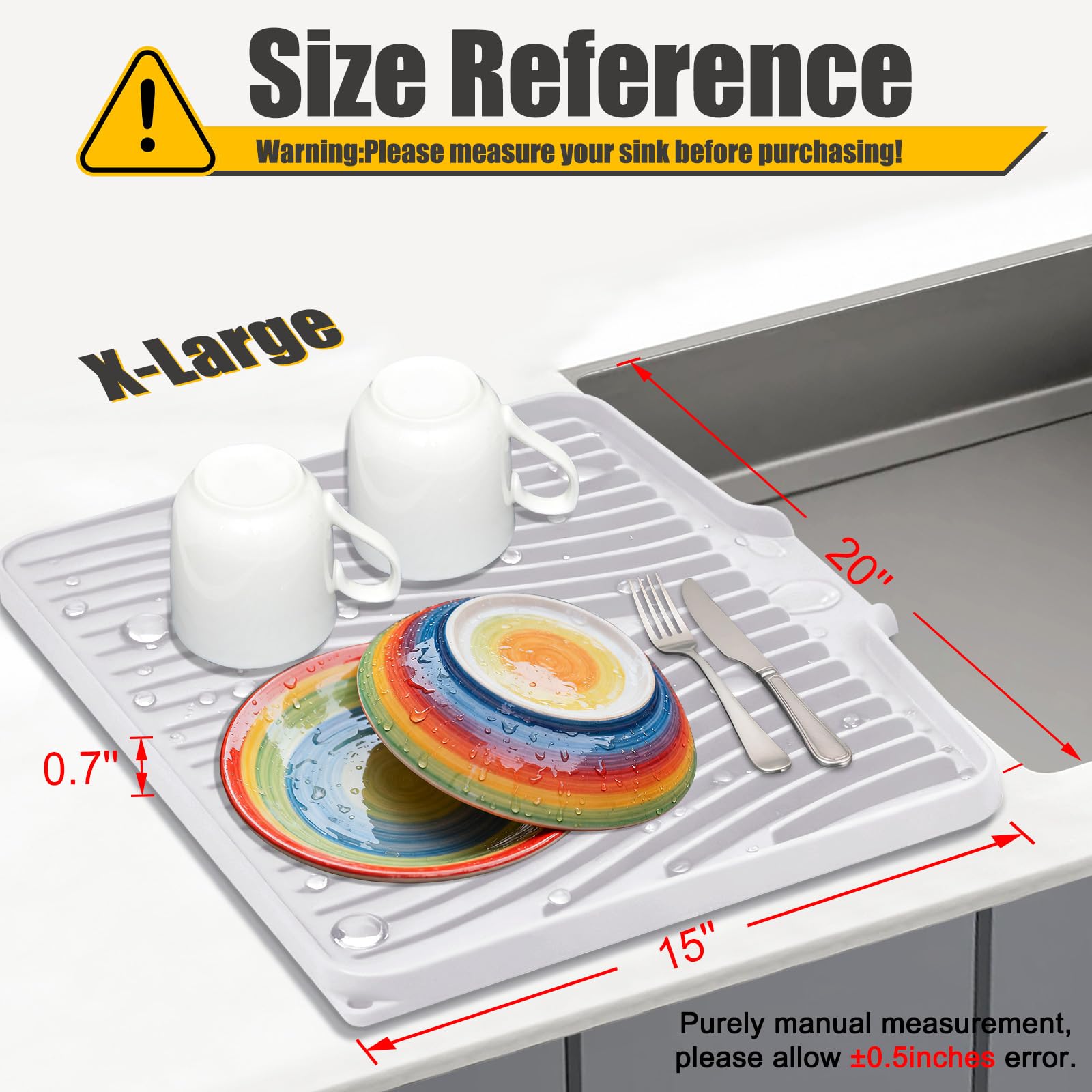 TIKNIK Silicone Dish Drying Mat, Stone Drying Mat for Kitchen Counter with Built-In Drain, Non-Slip Drain Pad with Built-in Drain, Heat Resistant Stone Drying Mat, Hangable, White, 20" x 15"
