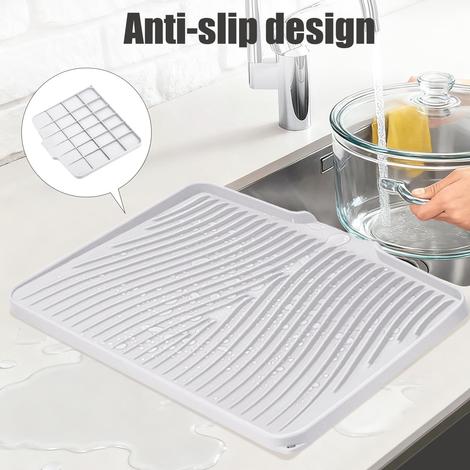 TIKNIK Silicone Dish Drying Mat, Stone Drying Mat for Kitchen Counter with Built-In Drain, Non-Slip Drain Pad with Built-in Drain, Heat Resistant Stone Drying Mat, Hangable, White, 20" x 15"