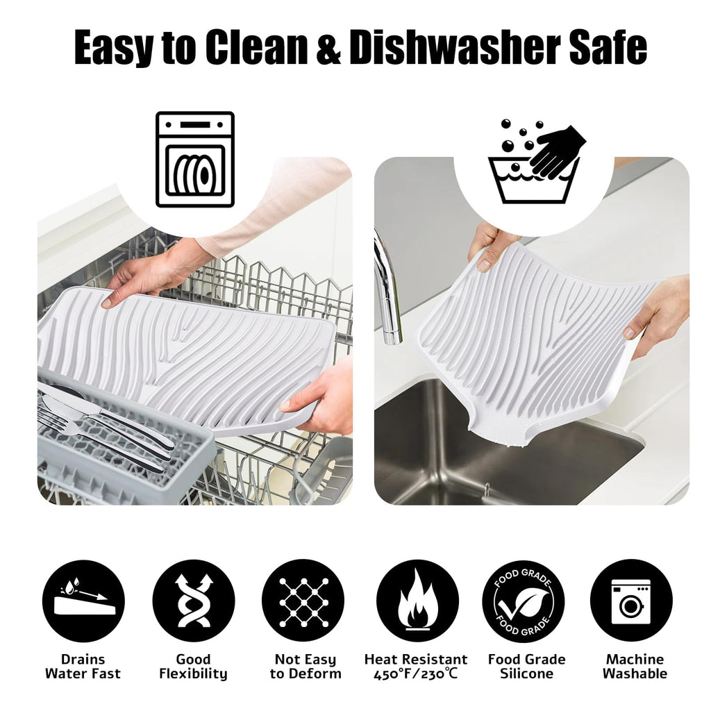 TIKNIK Silicone Dish Drying Mat, Stone Drying Mat for Kitchen Counter with Built-In Drain, Non-Slip Drain Pad with Built-in Drain, Heat Resistant Stone Drying Mat, Hangable, White, 20" x 15"