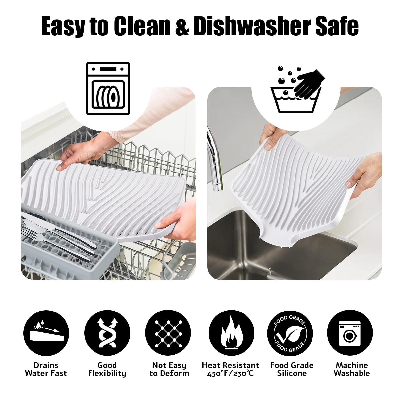 TIKNIK Silicone Dish Drying Mat, Stone Drying Mat for Kitchen Counter with Built-In Drain, Non-Slip Drain Pad with Built-in Drain, Heat Resistant Stone Drying Mat, Hangable, White, 20" x 15"