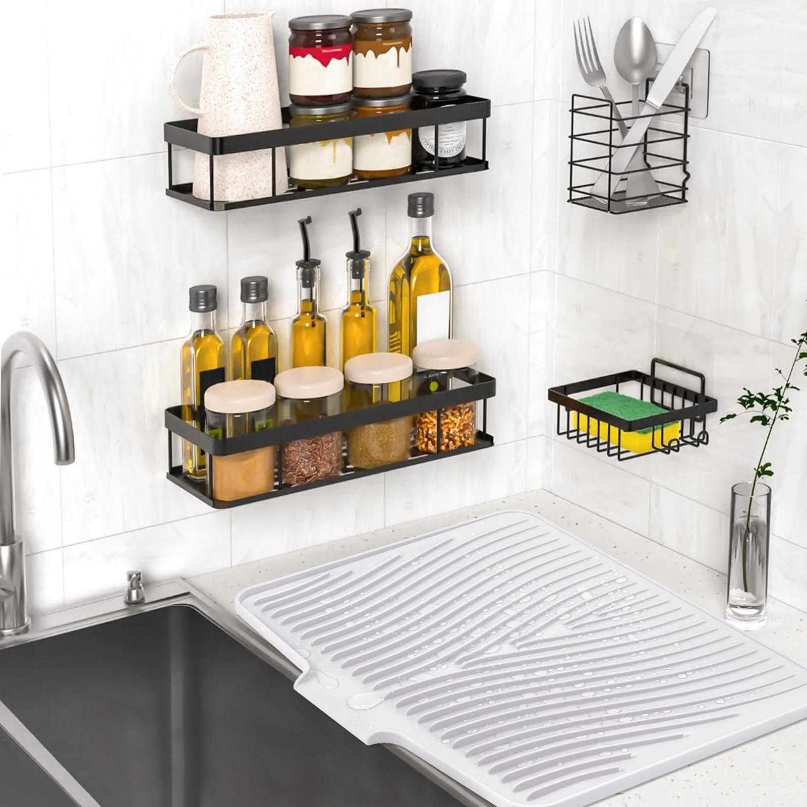 TIKNIK Silicone Dish Drying Mat, Stone Drying Mat for Kitchen Counter with Built-In Drain, Non-Slip Drain Pad with Built-in Drain, Heat Resistant Stone Drying Mat, Hangable, White, 20" x 15"